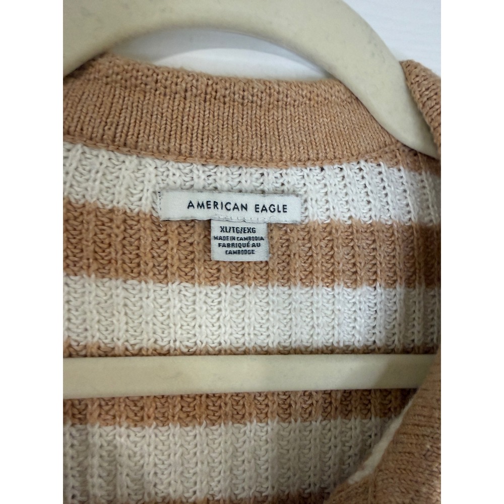 American Eagle Polo Sweater Womens XL Tan White Excellent Striped Ribbed Knit - Picture 5 of 8